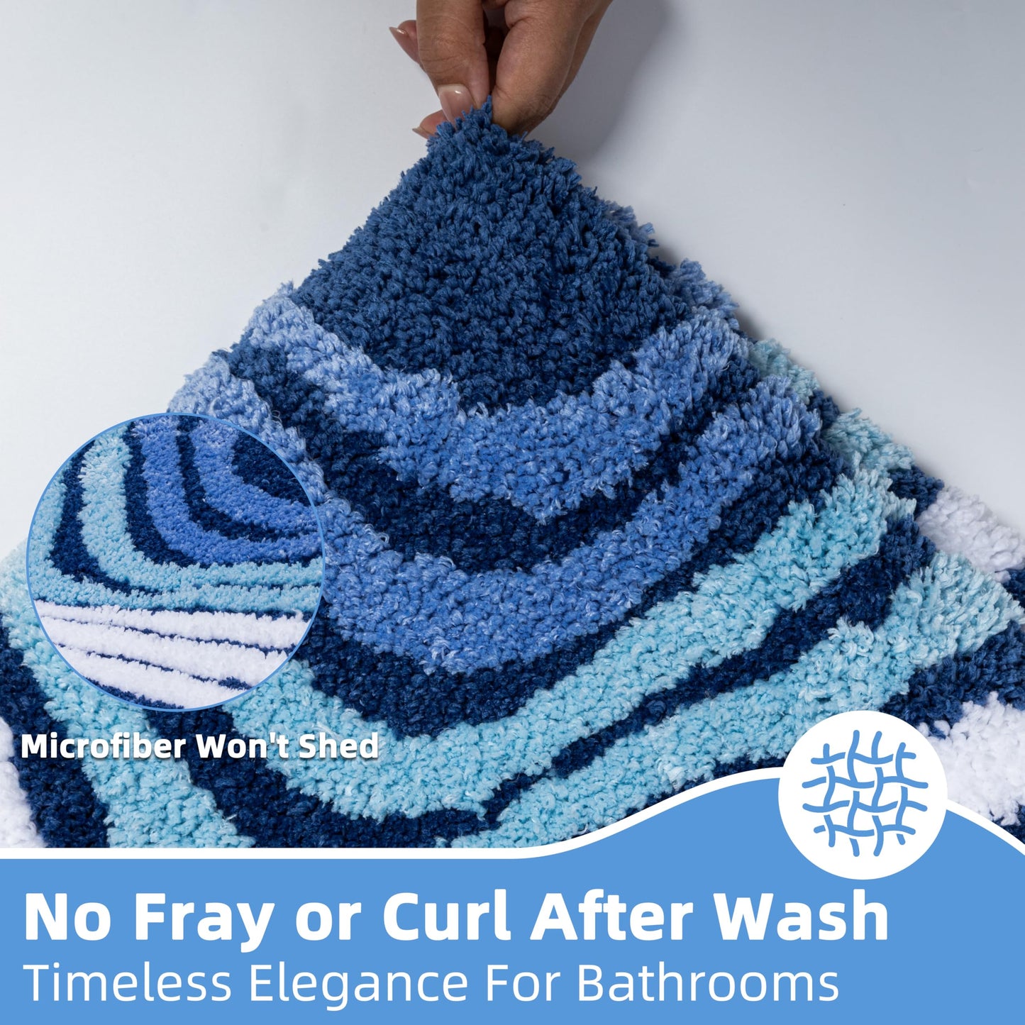 Cevolyn Blue Bathroom Rug, Plush Microfiber Absorbent Funky Non Slip Bath Mat, High Pile Tufted Shower Rug with 3D Striped Pattern, Aesthetic Modern Decor, Machine Washable, 20"x32"