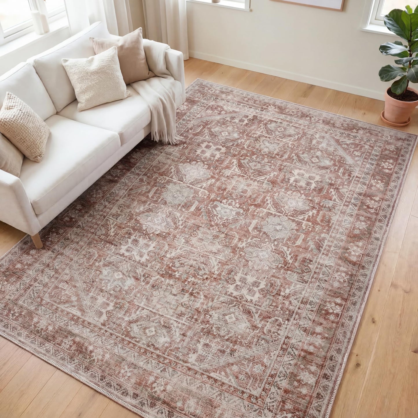 Kuden 4x6 Area Rug, Machine Washable Area Rug with Non-Slip Backing, Vintage Style, Soft, Easy Clean, Low Pile Rug for Living Room, Bedroom, Dining Room