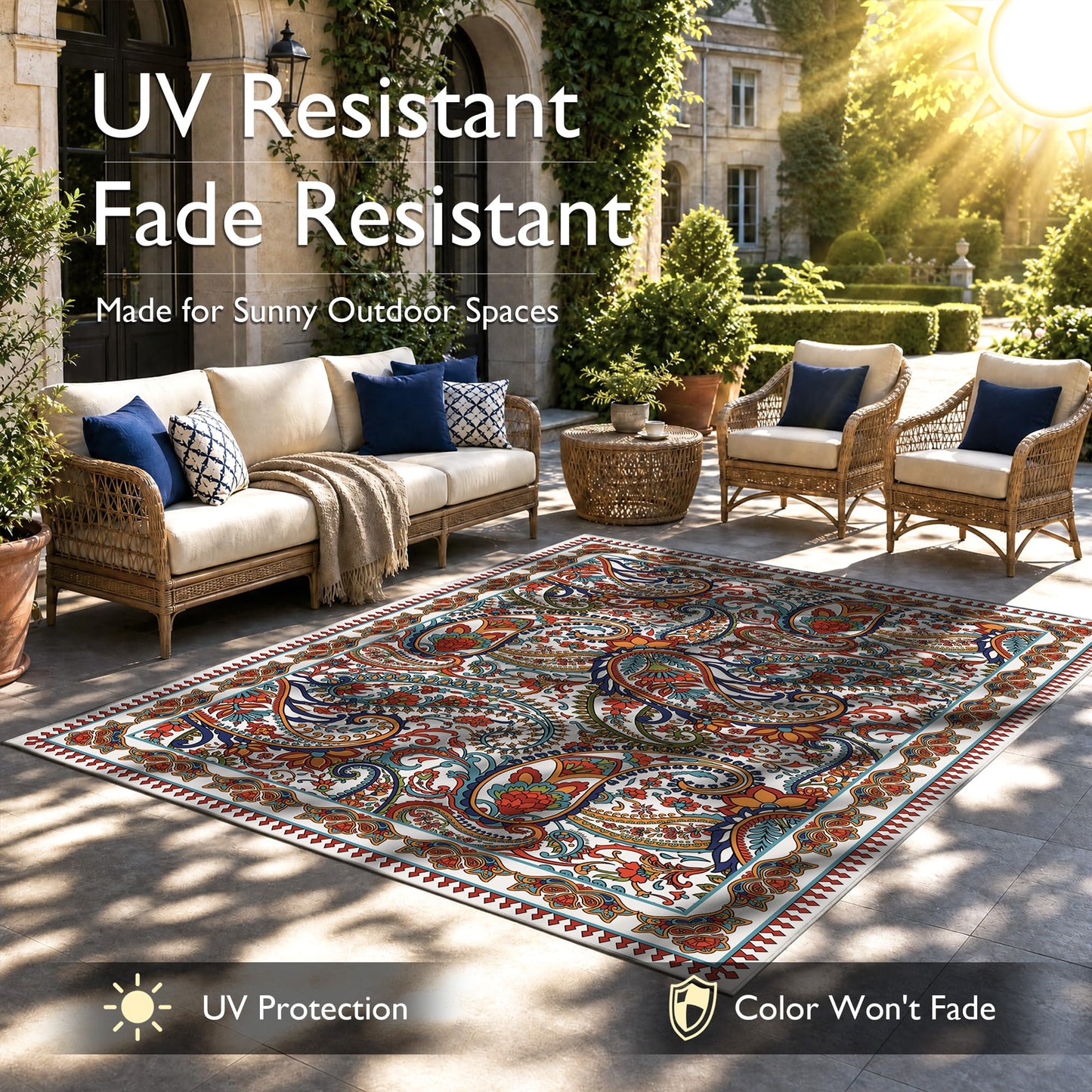 Arenarug Paisley Outdoor Rug Waterproof 5x8, UV Resistant Non Slip Patio Rug, Indoor Outdoor Boho Camping Rug Linen-Look RV Carpet for Deck Balcony Backyard, White Multi