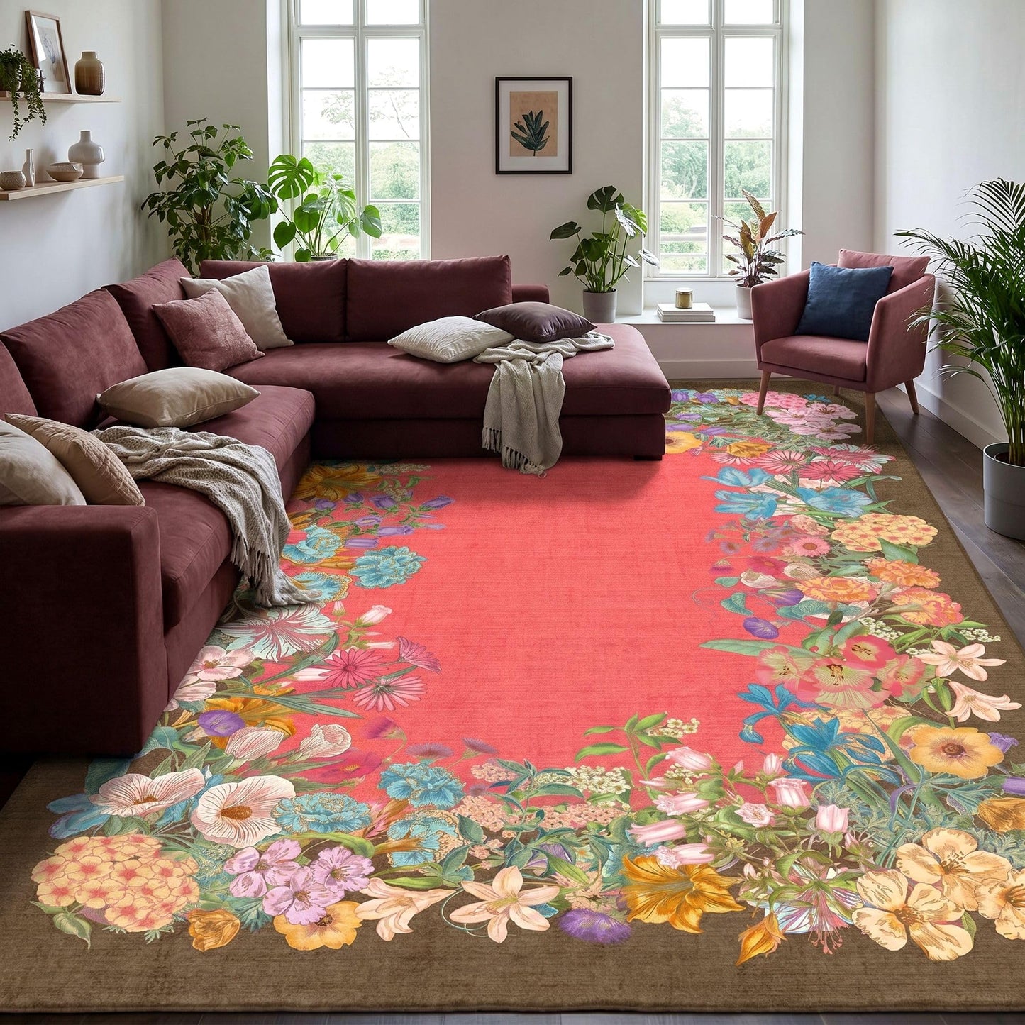 8x10 Floral Area Rug for Living Room Machine Washable Rose Brown Boho Floral Print Carpet Non-Slip Stain Resistant Floor Mat for Bedroom Dining Room Home Office Decor