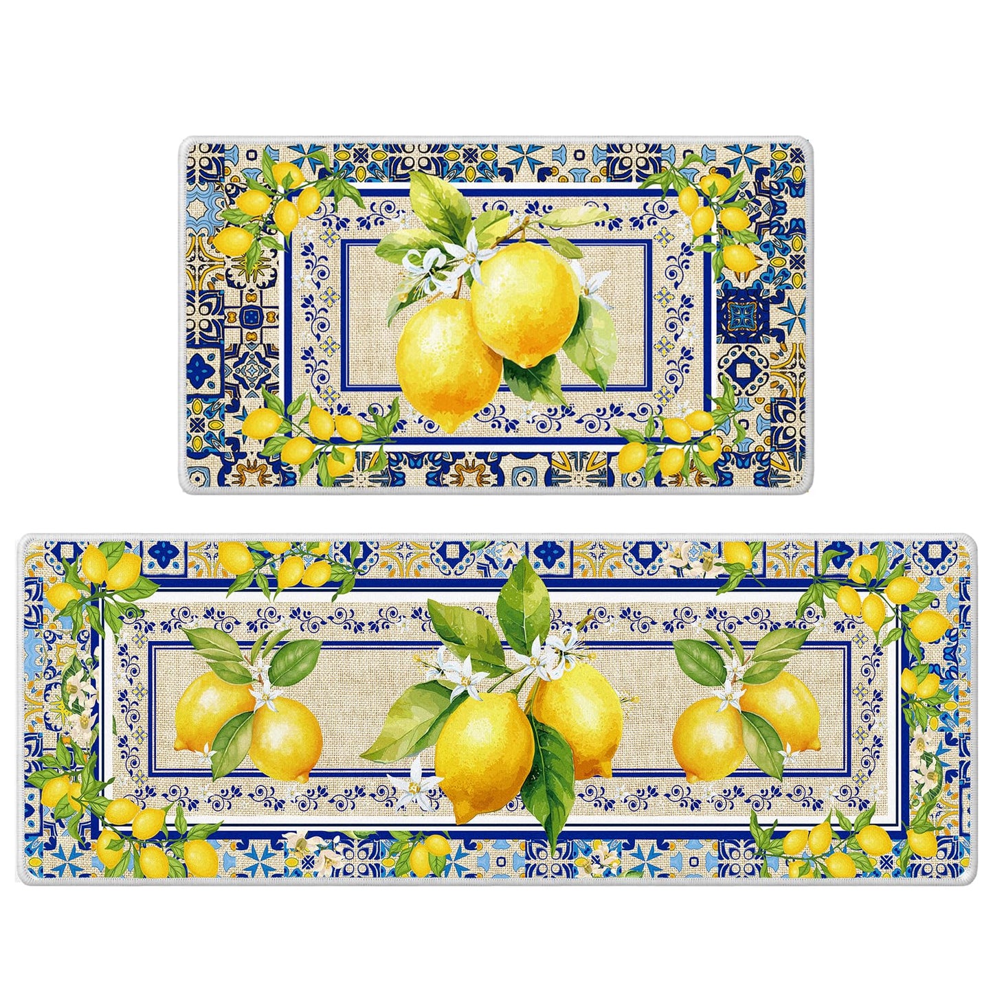 InIsaJace Lemon Kitchen Mats Set of 2, Mediterranean Kitchen Rugs Non Slip for Floor, Amalfi Coast Decor Yellow and Blue Decorative Rug for Home (16x28 +16x47 Inches)