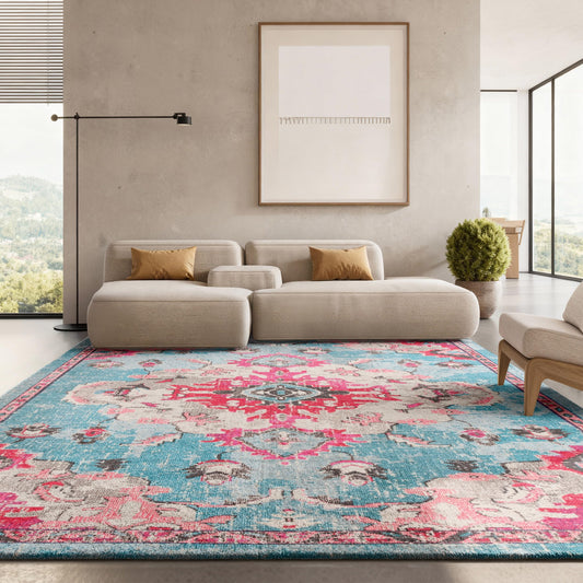 SAFAVIEH Madison Collection 8' x 10' Light BlueFuchsia MAD484K Boho Chic Medallion Distressed Non-Shedding Living Room Dining Bedroom Area Rug