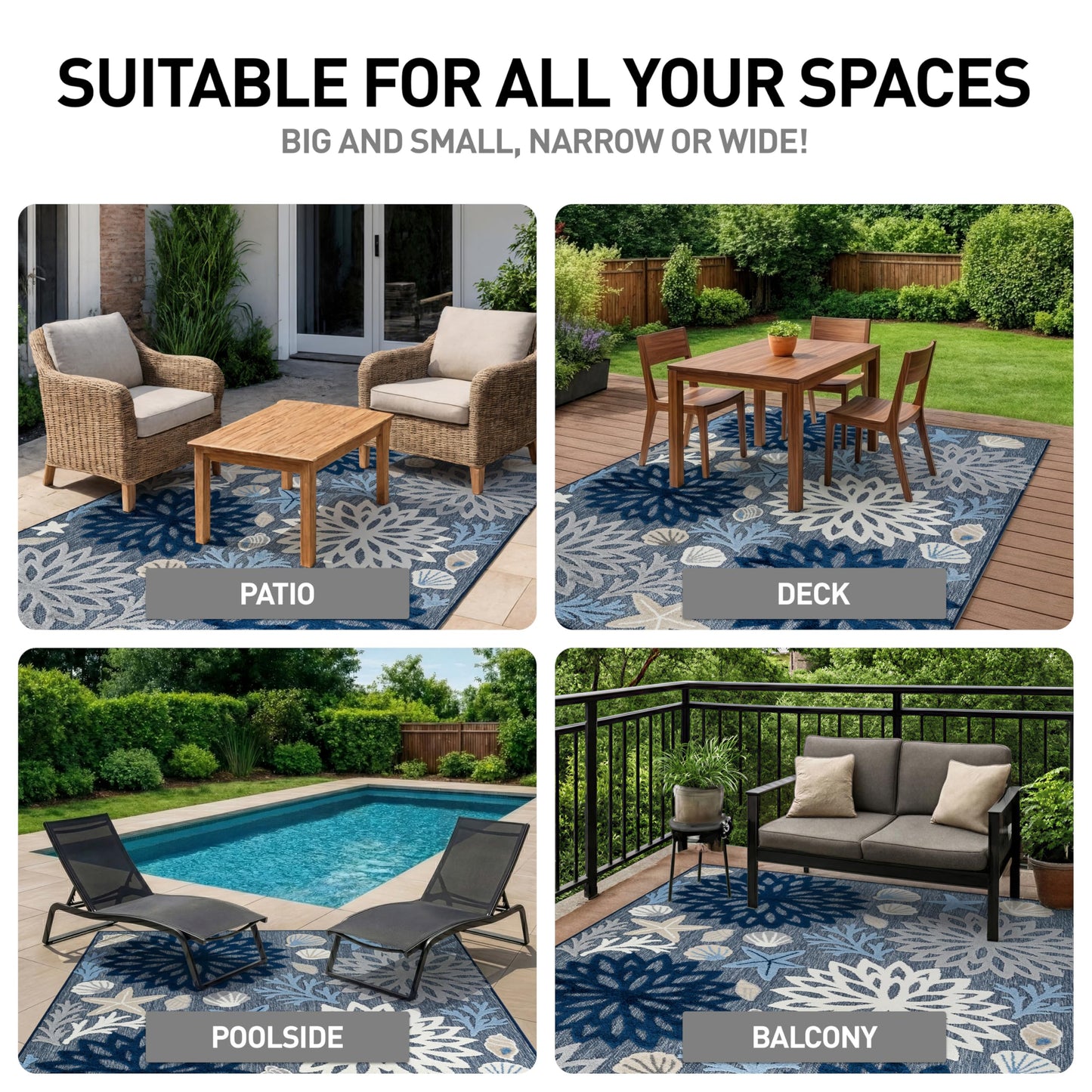 Rugshop Indoor/Outdoor High-Low Textured Area Rug, Coastal Floral, Easy-Clean Patio Rug for Porch Deck Balcony 5' x 7' Navy
