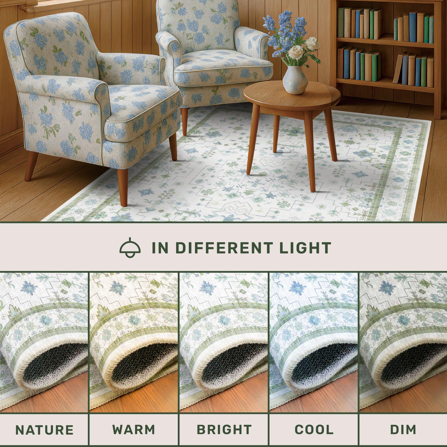 Hazo Haus Cream Oushak 6x9 Bedroom Rug - Boho Floral Cool Blue and Green, Washable Low Pile Non-Slip Ultra-Thin Large Area Rugs for Bed Room, Living Room, Playroom
