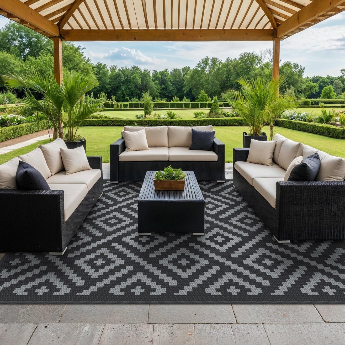 GENIMO Outdoor Rugs 8'x10' Waterproof, Reversible Mats, Area Plastic Straw Rug, Outside Carpet, Geometric Rv Mat for Patio Camping Rv Picnic Backyard Deck Balcony Porch Beach Trailer (Black & Grey)