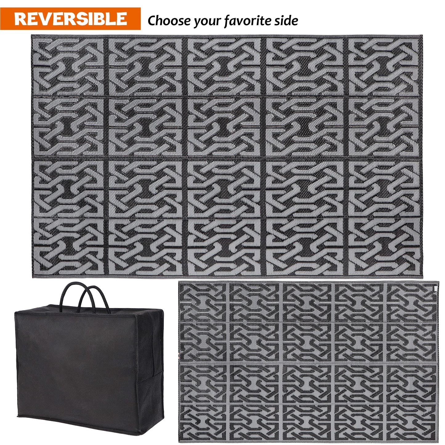 SAND MINE Reversible Mats, Plastic Straw Rug, Modern Area Rug, Large Floor Mat and Rug for Outdoors, RV, Patio, Backyard, Deck, Picnic, Beach, Trailer, Camping (5' x 8', Black & Grey)
