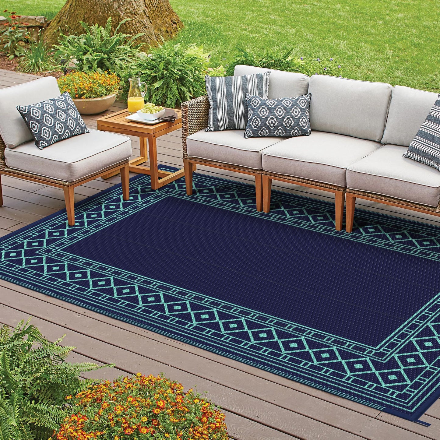 GENIMO Outdoor Rug Waterproof 5'x8' for Patio, Foldable Reversible Plastic Straw Carpet for Travel Trailers, Outside Area Mat for Rv, Deck, Picnic, Porch, Balcony, Beach, Navy Blue & Jade Green