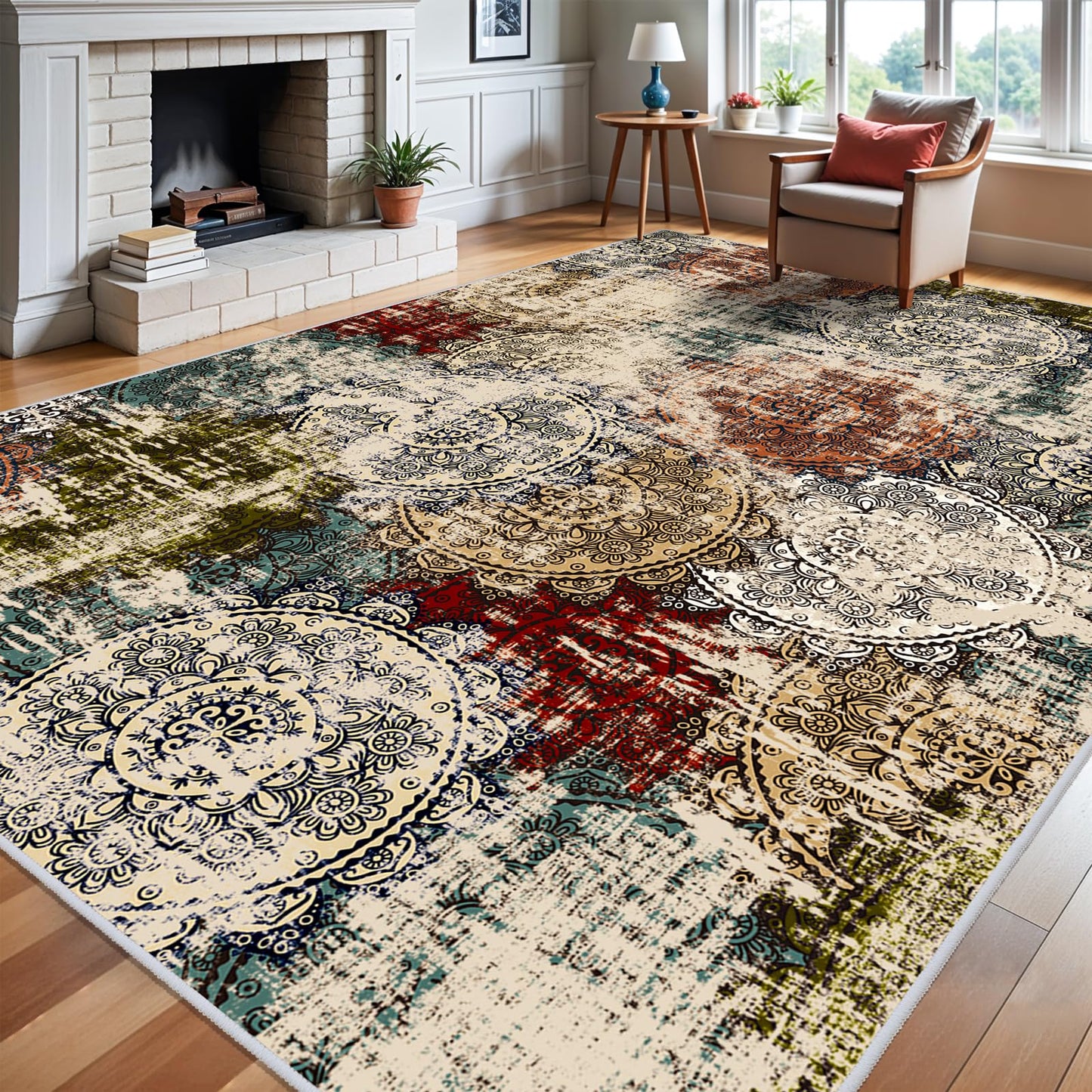 BYYVVO 9x12 Living Room Area Rugs - Washable Abstract Large Rug Ultra Soft Non-Slip Carpets for Bedroom Stain Resistant Low Pile Carpet Indoor Home Decor Mat 9x12 Red Green Multi