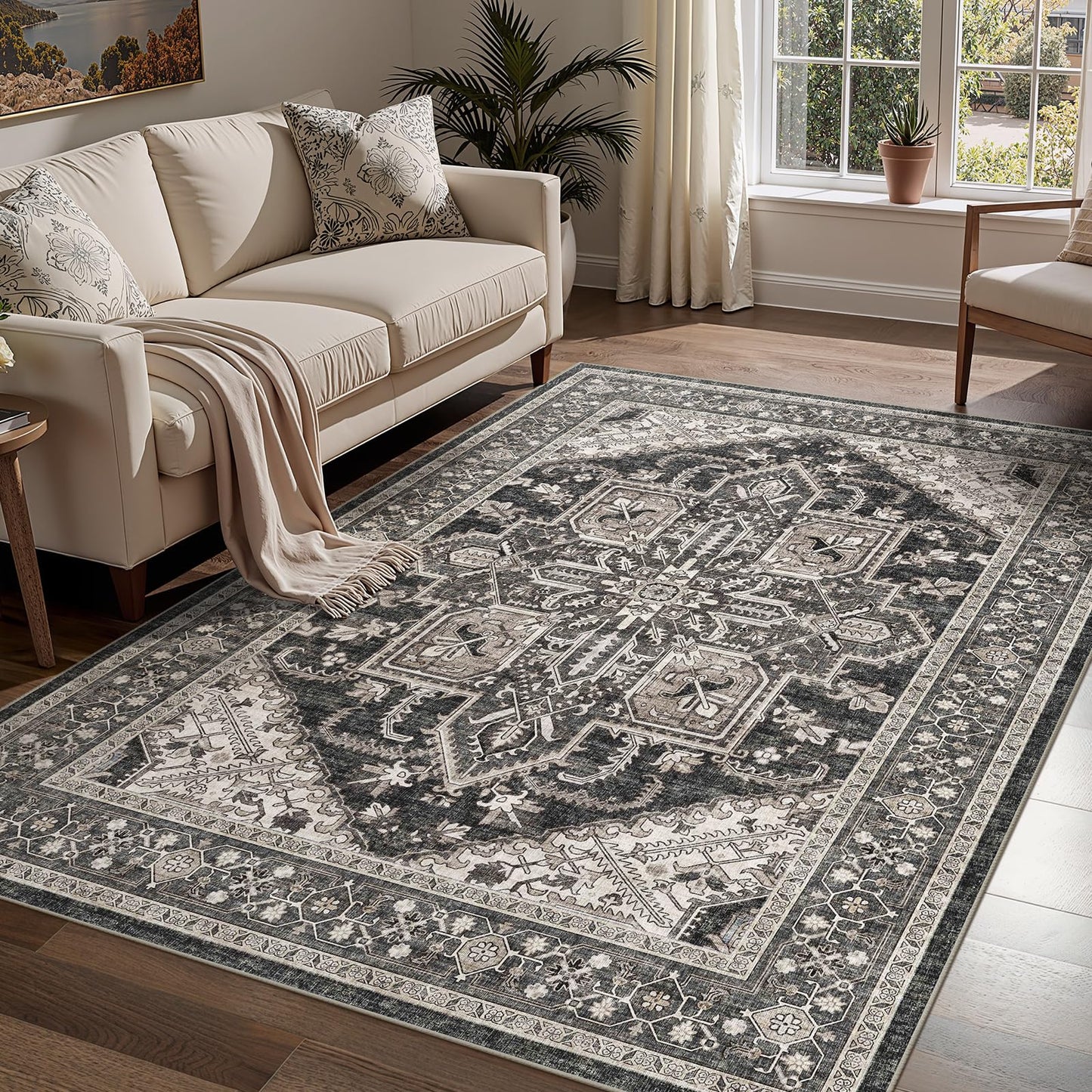 WITSHOCK Living Room Area Rugs 5x7: Washable Rug Boho Soft Non-Slip Low Pile Stain Resistant Foldable Carpet for Bedroom Playroom Dining Room Office Kitchen Farmhouse Home Decor Rug-Bitter Black