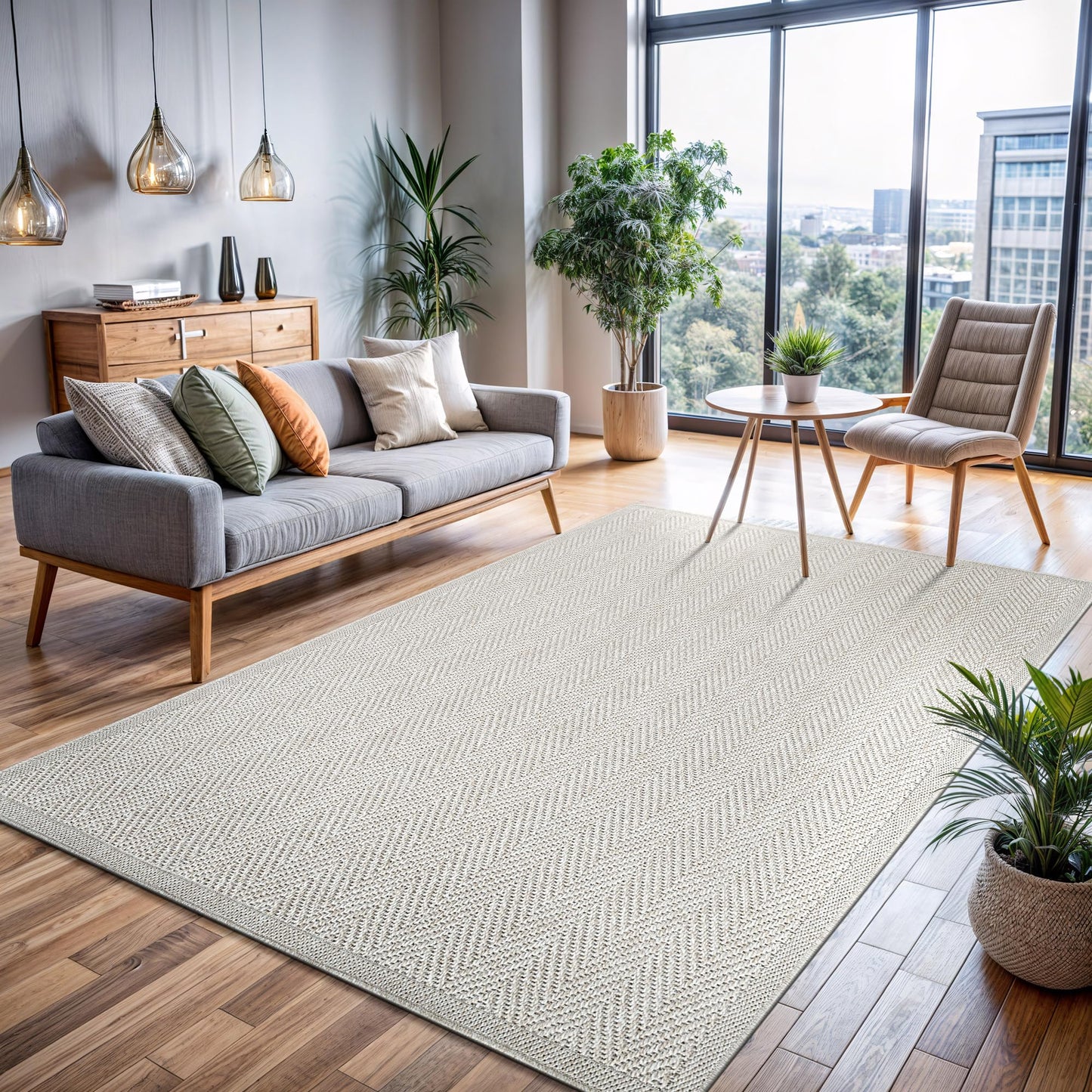 CAMILSON Easy Jute Rug 9x12, Indoor Outdoor Off-White Color Fiber Area Rugs for Living Room and Patio Rug Herringbone Seagrass Boho Woven Design Easy-Cleaning Washable Outside Carpet Alfombras 9 x 12