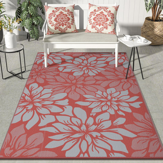 GENIMO Outdoor Rug Waterproof for Patio Decor, 9' x 12' Reversible Plastic Straw Floral Camping Carpet, Large Area Rugs Mats for RV, Camper, Deck, Balcony, Porch, Beach, Picnic, Red & Grey
