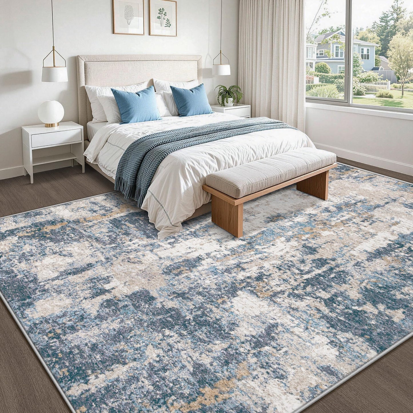 8x10 Area Rugs for Living Room: Washable Abstract Rug Modern Neutral Soft Large Indoor Rugs Non Slip Low Pile Carpet for Bedroom Dining Room Office Children's Room(Blue Brown, 8'x10')