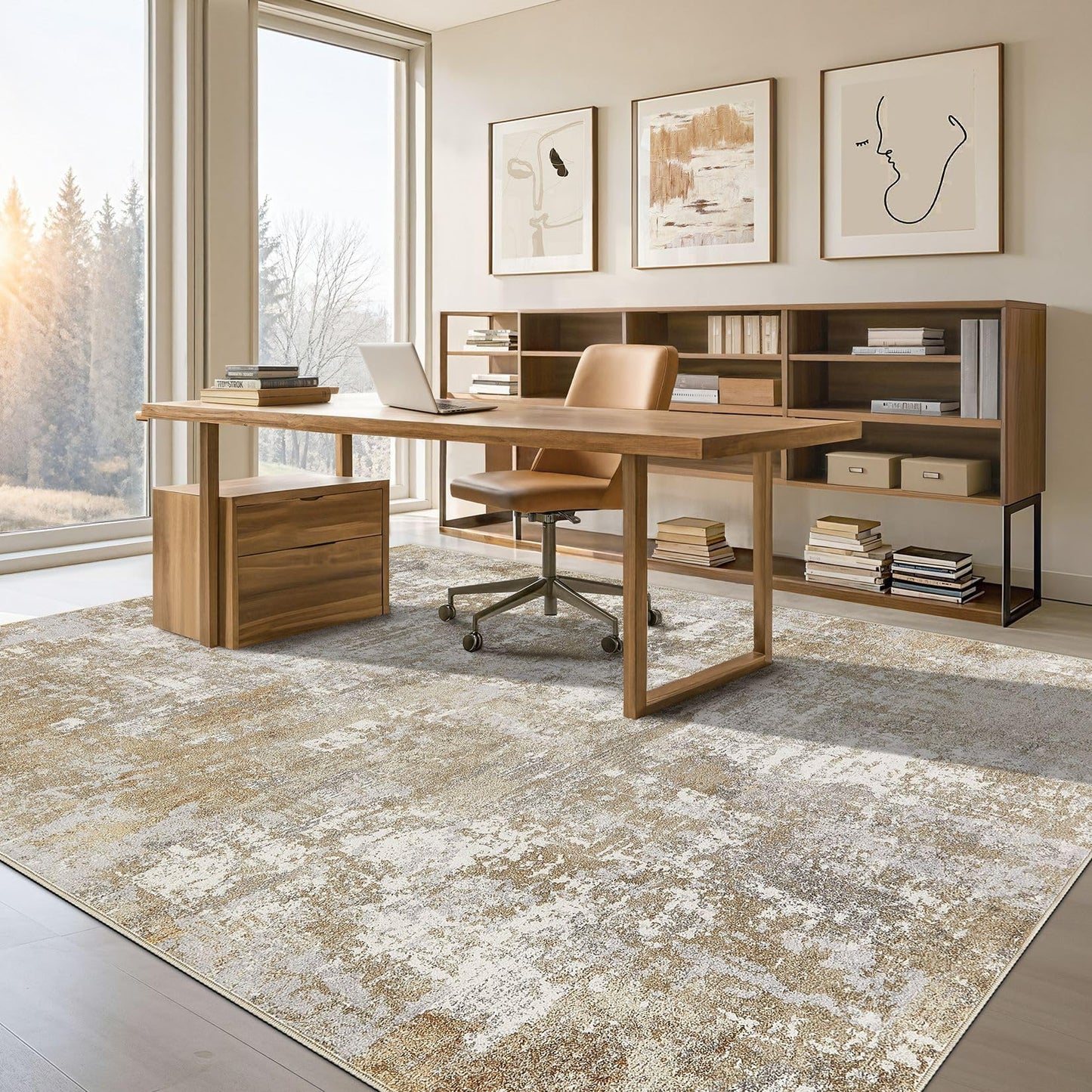 Tortania Washable 9x12 Area Rug for Living Room: Modern Abstract Neutral Large Soft Thin Rugs - Non Slip Indoor Carpet for Bedroom Dining Room Office Nursery Home Floor Decoration - Brown Grey