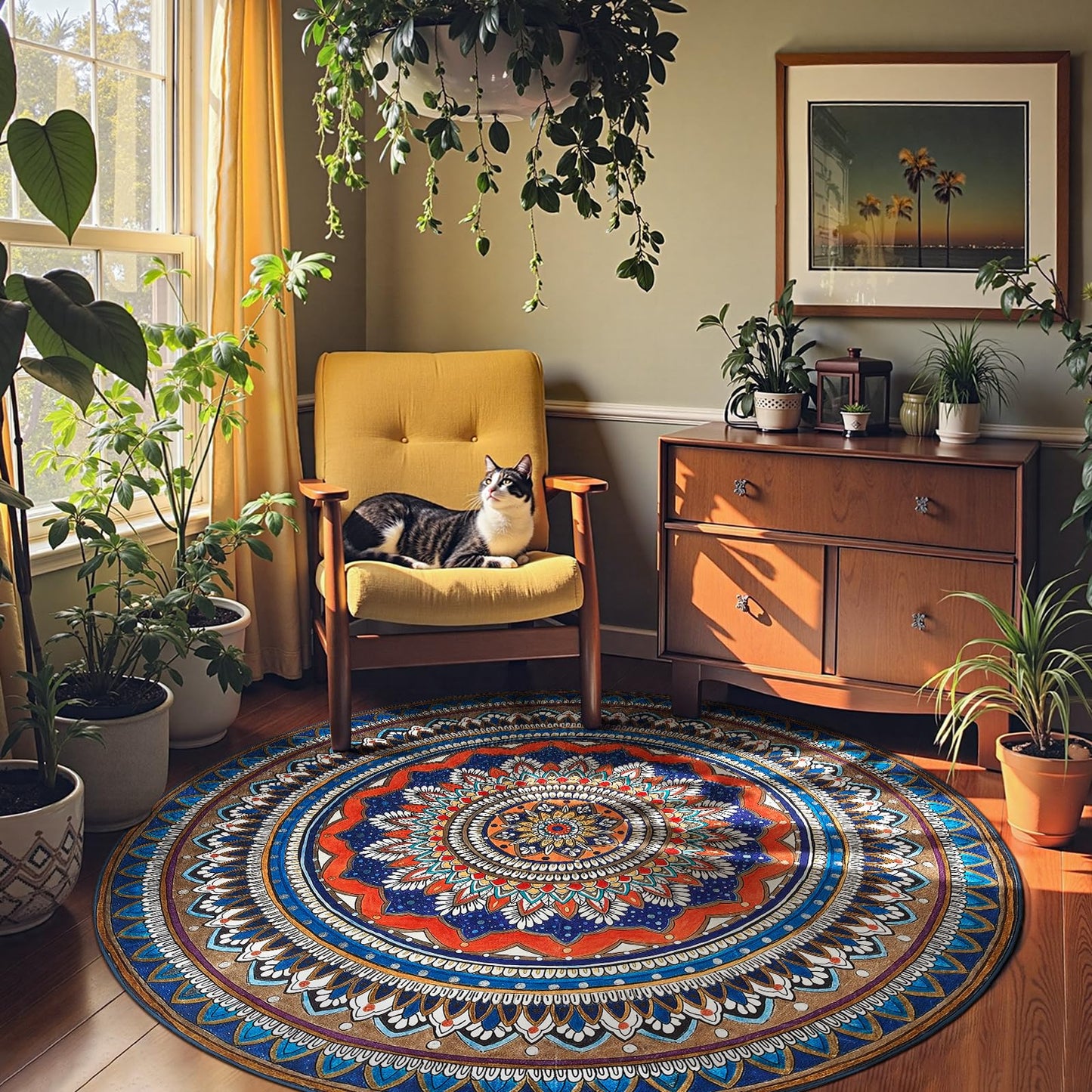 jinchan Mandala Round Rug 6ft Blue Rustic Boho Washable Rug Tribal 6' Round Vintage Peaceful Circle Rug Soft Non Slip Low-Profile Carpet for Living Room Bedroom Dining Room Patio, Saffron Blue