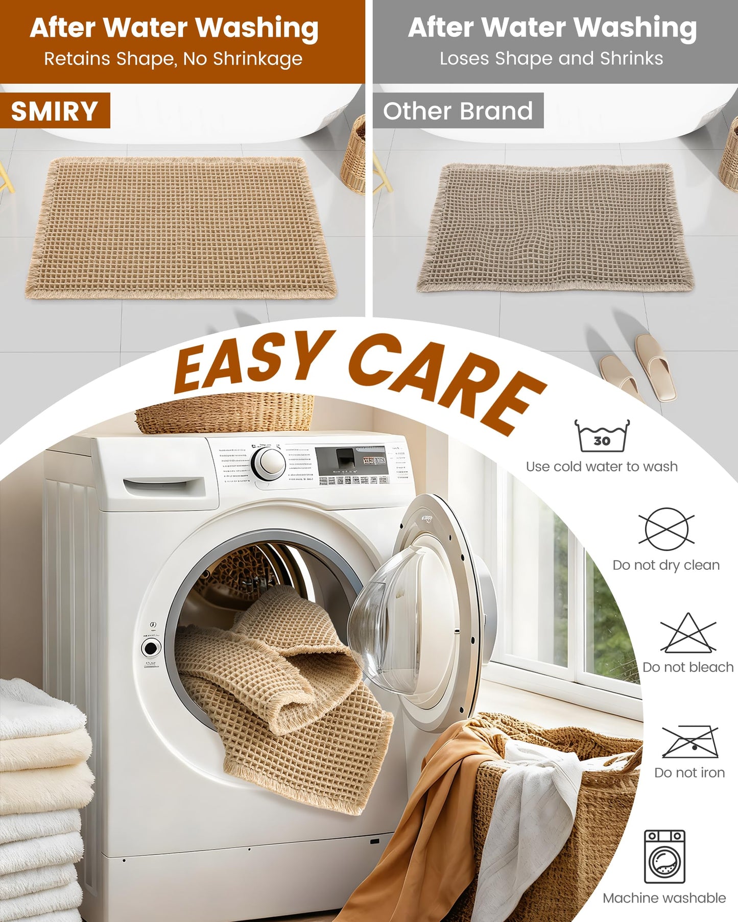 Smiry Waffle Bath Mat 30x20, Extra Soft Absorbent Bathroom Rugs, Non Slip Machine Washable Quick Dry Bath Rugs for Bathroom Floor, Tub, Shower, Home Decor Accessories, Brown
