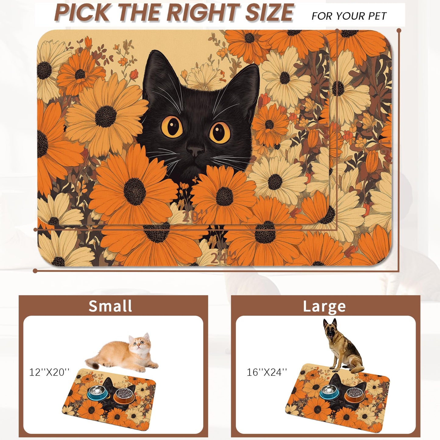 Black Cat Dog Food Mat for Floors,Fall Flower Daisy Absorbent Pet Food and Water Bowl Mats,Non-Slip Pet Feeding Mat,Pet Supplies 12" x 20"
