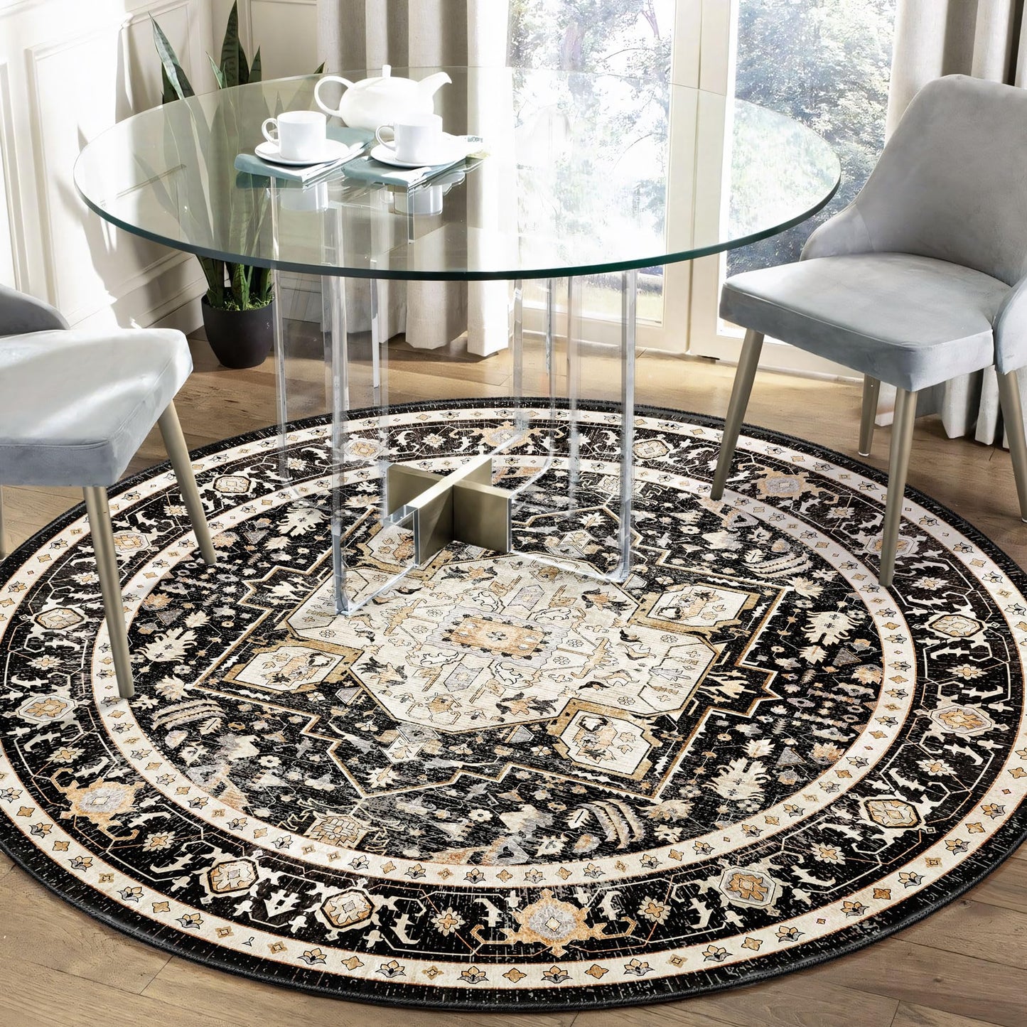 MUJOO Round Rug 5ft,Black Circle Area Rug Washable,Boho Circular Rugs for Bedroom Living Room,Non Slip Throw Carpet Soft Vintage Black and Gold Floral