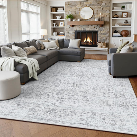 Yarooge 5x7 Area Rugs, Washable Vintage Retro Floral Rug for Living Room, Low Pile Non Slip Distressed Large Carpet for Bedroom, Dining Room, Office, Home (Grey)