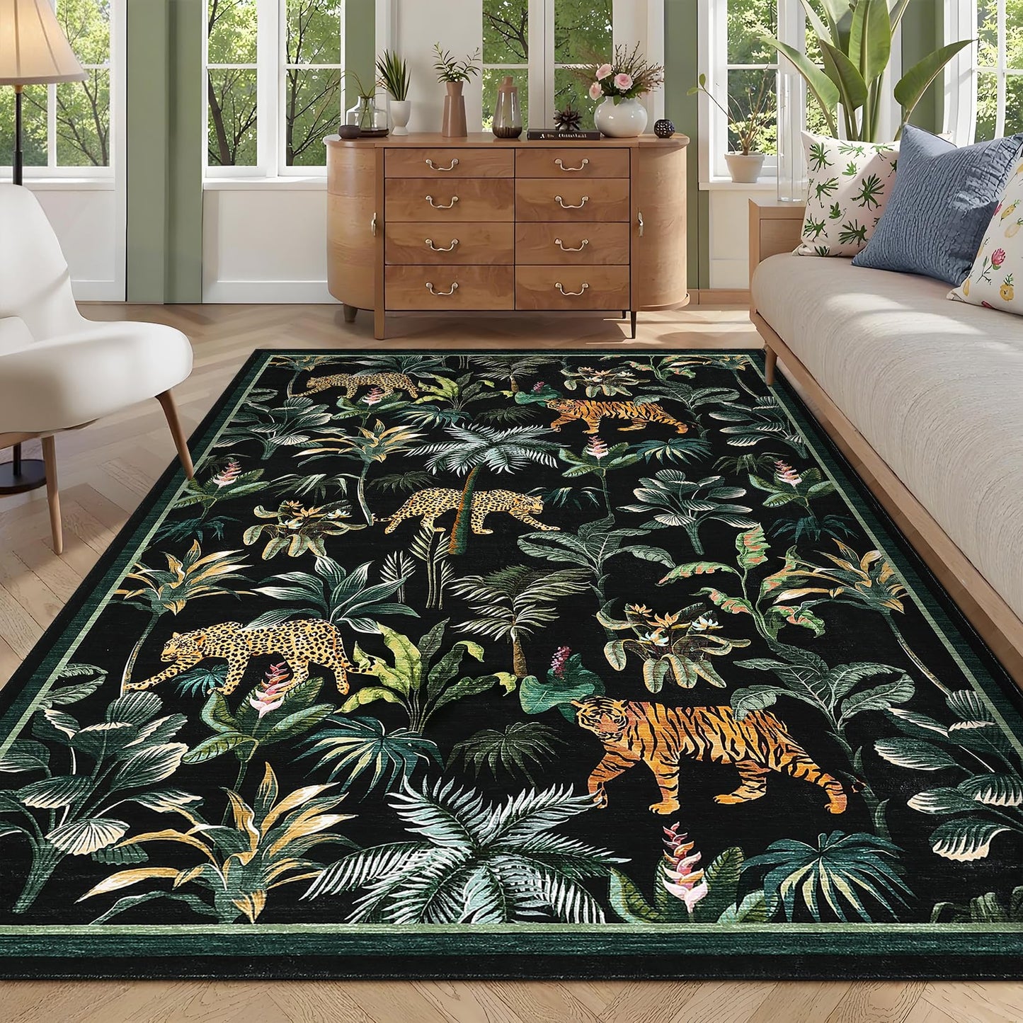 GAOMON Tiger Leopard Animals 9x12 Area Rug Large Washable Rugs for Living Room Bedroom Non Slip Soft Kids Rug Botanical Animal Print Foldable Indoor Carpet for Dining Room Office Nursery Dorm Black