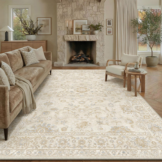WondRg 8x10 Beige Washable Area Rug for Living Room Bedroom Neutral Soft Floral Non Slip Large Throw Rug Lightweight Vintage Low Pile Distressed Carpet Office Playroom Dining Room Home Decor