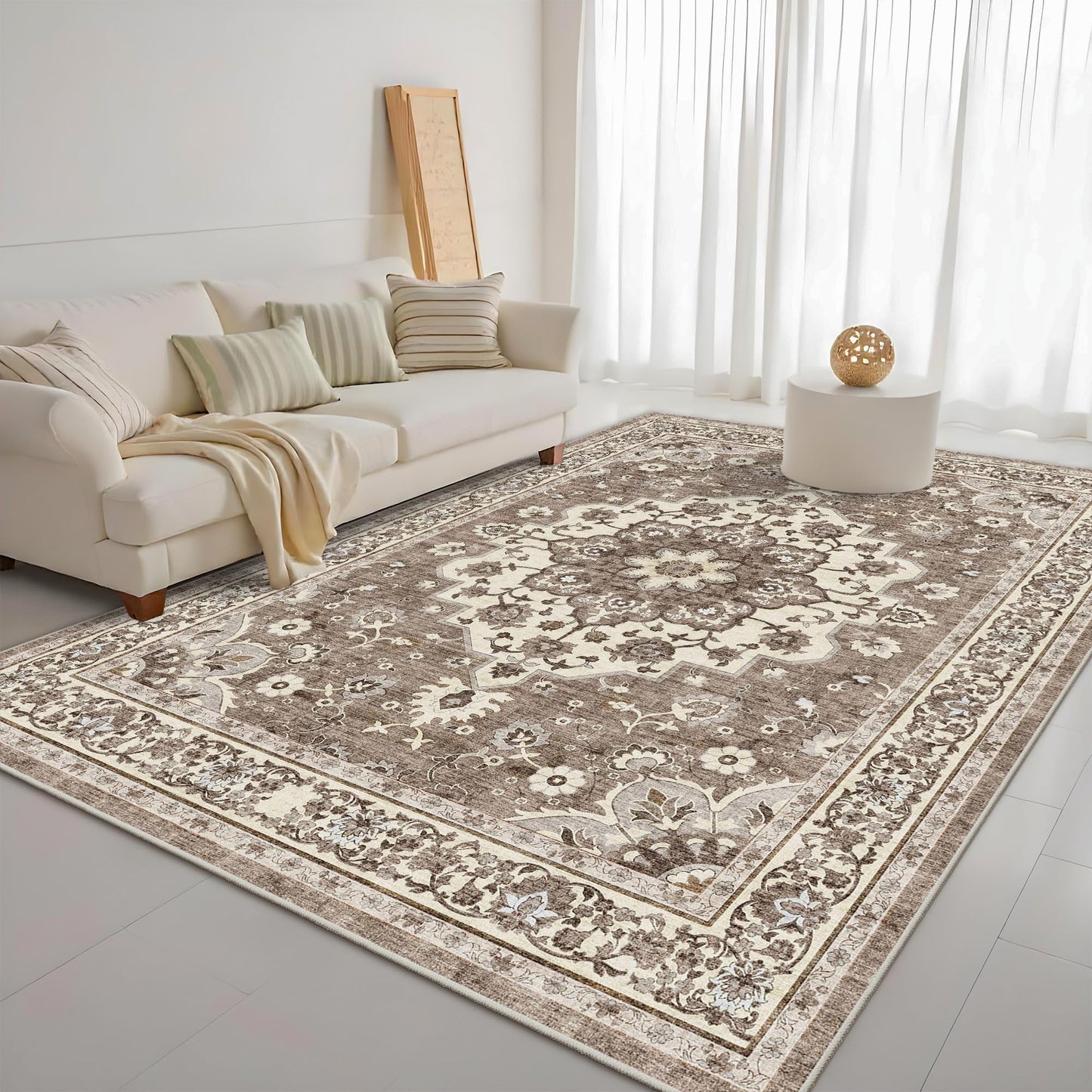 Dining Room Rugs for Under Table - Washable 6x8 Area Rug for Living Room Bedroom Soft Low Pile Non Slip Stain Resistant Carpet - Perfect for Homes with Pets & Kids (Beige, 6x8)