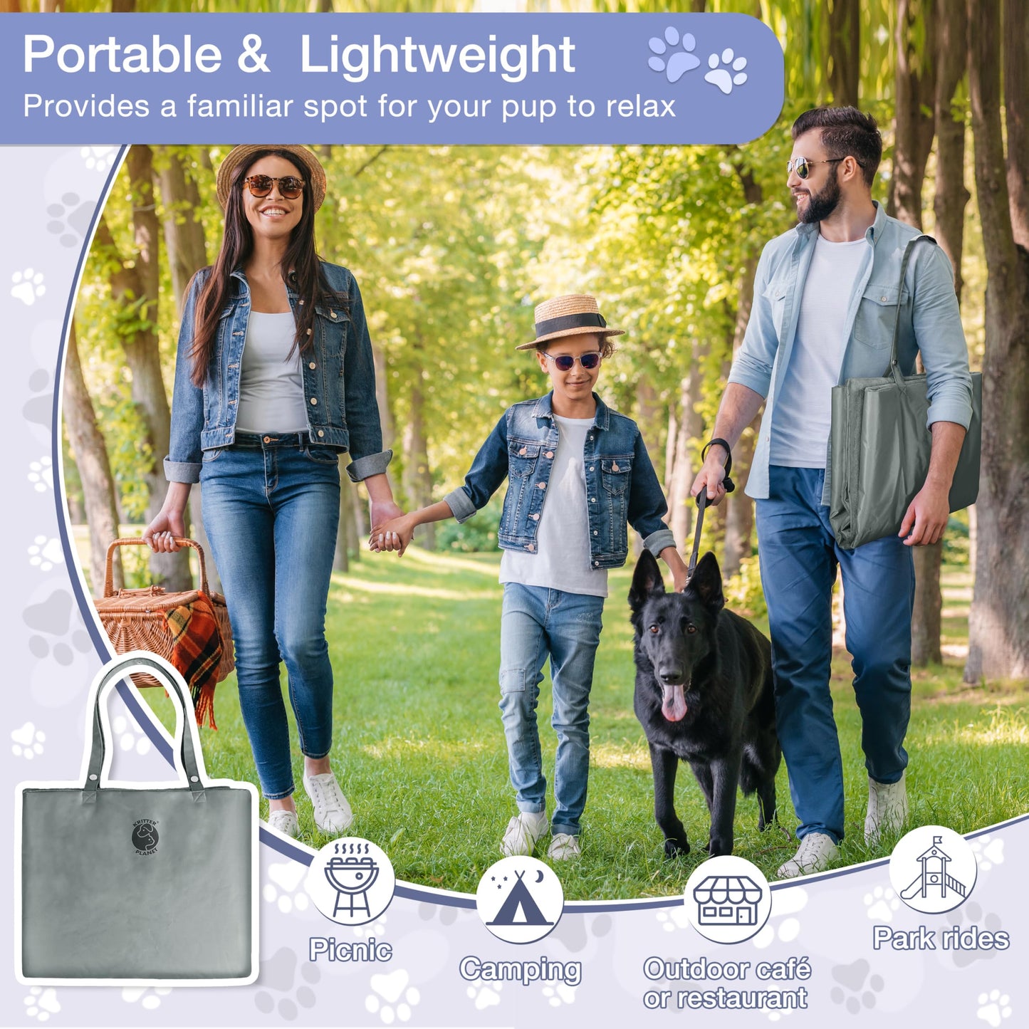 Kritter Planet Waterproof Foldable Dog Bed Pad for Camping & Travel, Portable Roll-Up Dog Bed Car Seat Pet Cushion Mat with Handles for Small & Medium Dogs, Indoor & Outdoor Use