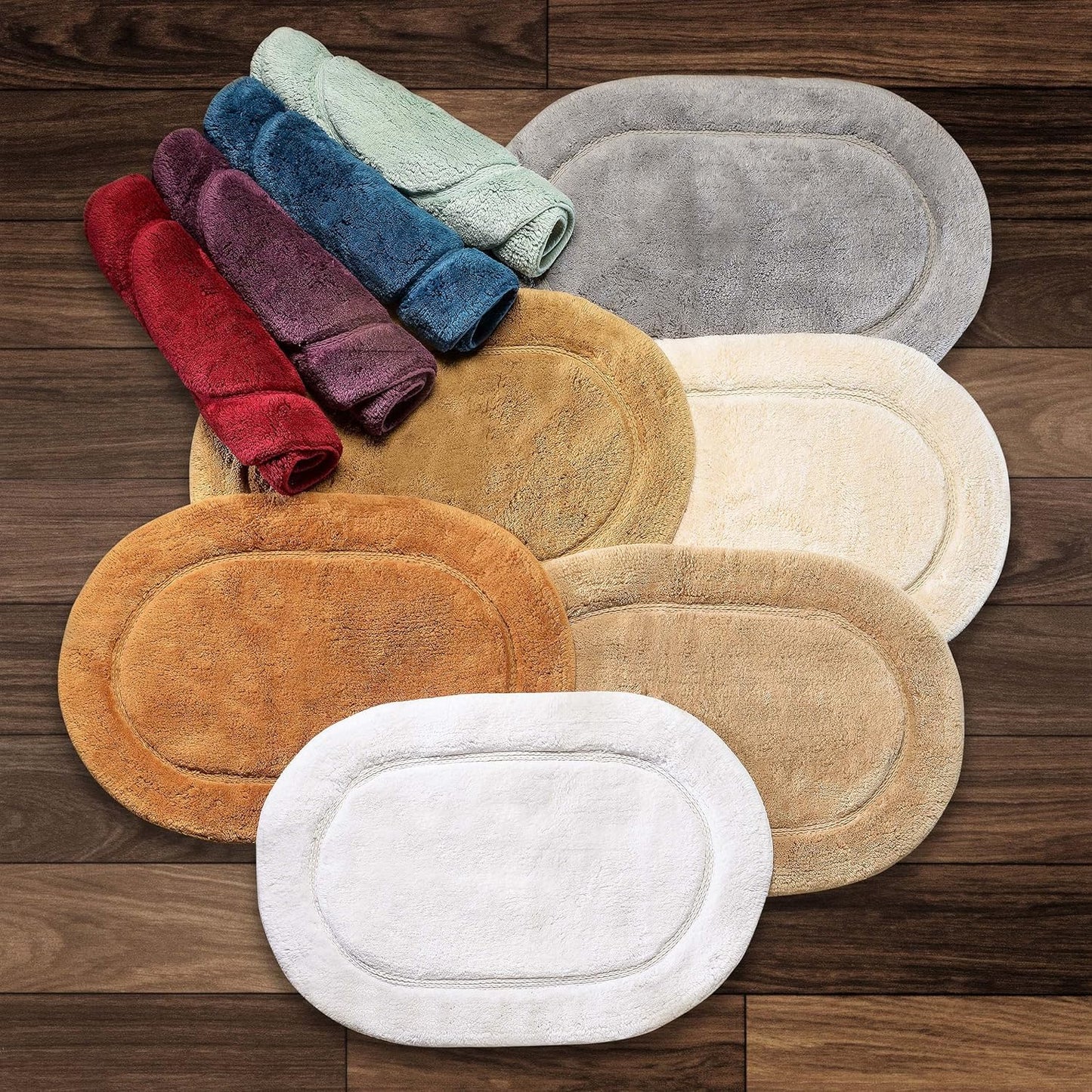 Superior Non-Slip 2 Piece Bath Rug Set, Ultra Plush, Soft and Absorbent 100% Combed Cotton Pile - Traditional Oval Bath Mat Set, Sage