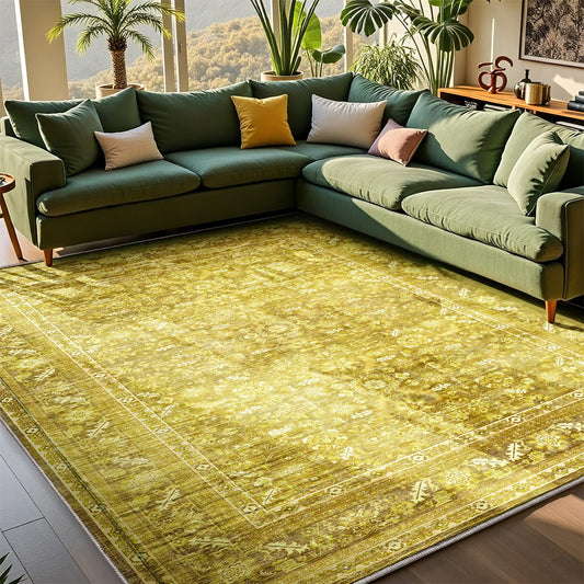 OPPODREAM Vintage Yellow Area Rugs 5x7, 5 x 7 Retro Washable Rug Non Slip, Low-Pile Faux Wool Carpet, Distressed Floor Mat for Living Room, Bedroom, Kitchen, Office, Dorm, Dinning Room