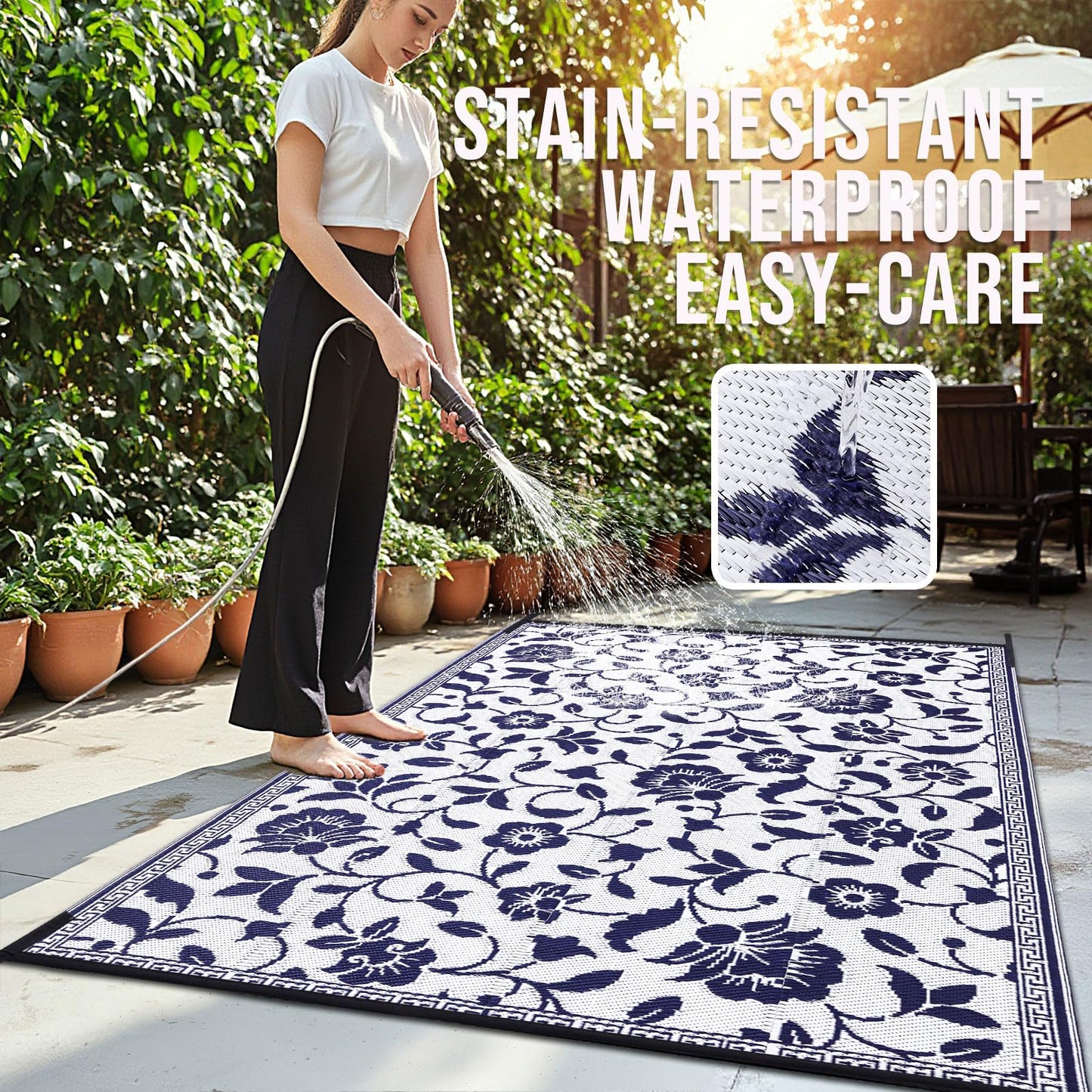 OLANLY Waterproof Outdoor Rug 9x12 ft, Outdoor Plastic Straw Rug with Flower Pattern, Reversible RV Mat for Patio, Camping, Balcony, Deck, Backyard, Navy & White