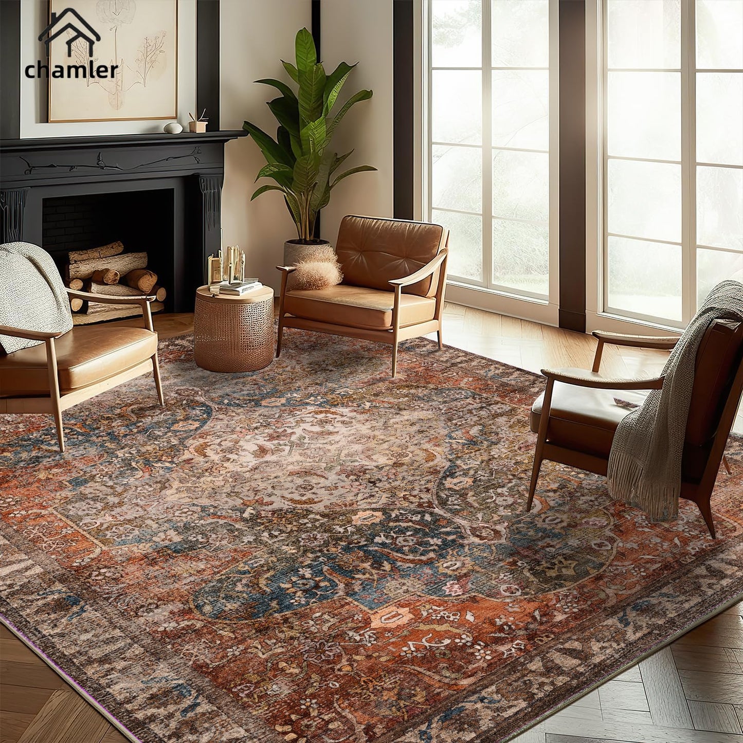 chamler 9x12 Washable Area Rug Boho Chic Medallion Distressed Design Non-Shedding Easy Care Ideal for High Traffic Areas in Rug for Living Room Bedroom Office Coffee Table Large Carpet