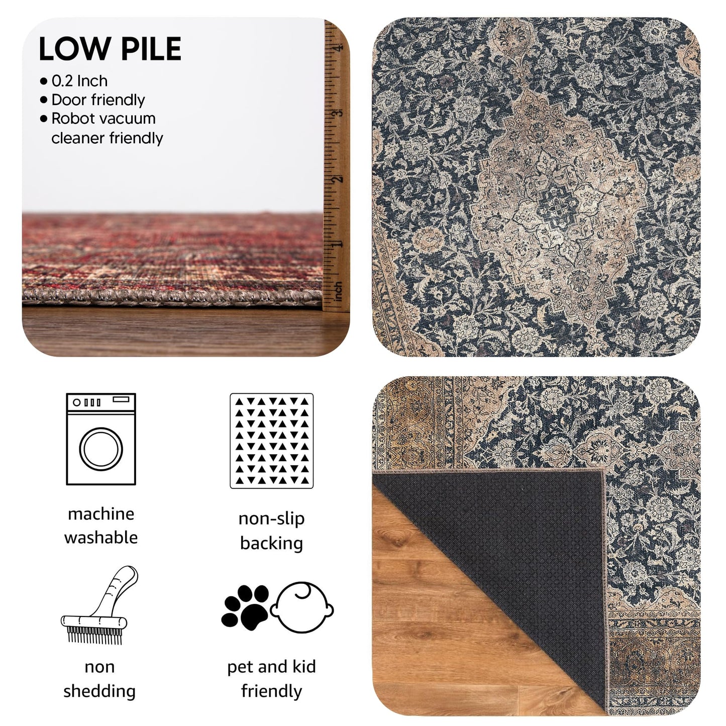 Keen Home Design 48"x72" Rug - Machine Washable Area Rug with Non-Slip Backing, Ideal for Living Room, Dining Room, Bedroom - Vintage, Easy Clean, Durable, Low Pile Rug - (4' x 6')