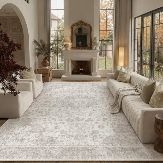 PureCozy 8x10 Area Rug Washable Neutral Beige Vintage Living Room Bedroom Carpet Non Slip Low Pile Soft Floral Indoor Large Throw Rug for Dining Room Office