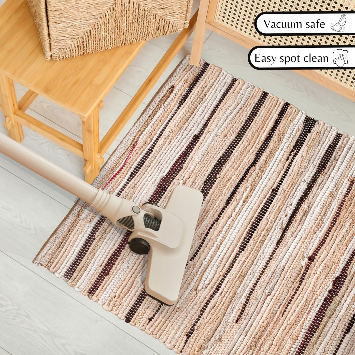 Cotton Hand Woven Chindi Rug 2x3 Feet - Beige, Decorative Soft Throw Indoor Floor Rag Rugs Ideal for Entryway, Kitchen, Kids Room | Durable Lightweight Neutral Home Space Dhurrie for Costal Décor