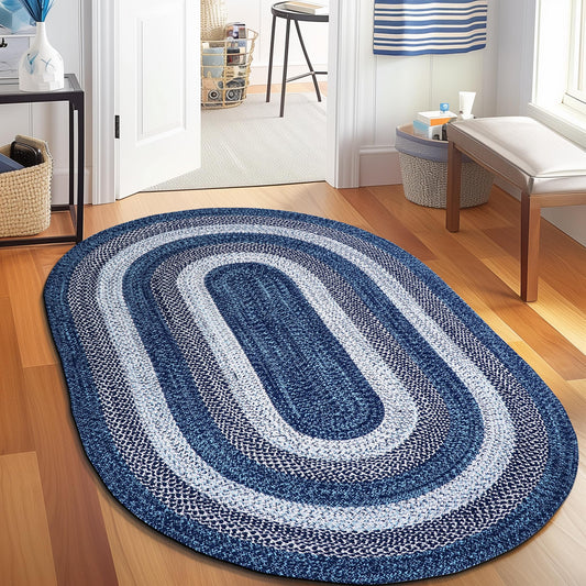 Super Area Rugs Rustic Aqua Blue/White/Black Oval Braided Rug for Entryway/Foyer, Washable Outdoor Rug for Patio/Porch 3' x 5' Oval