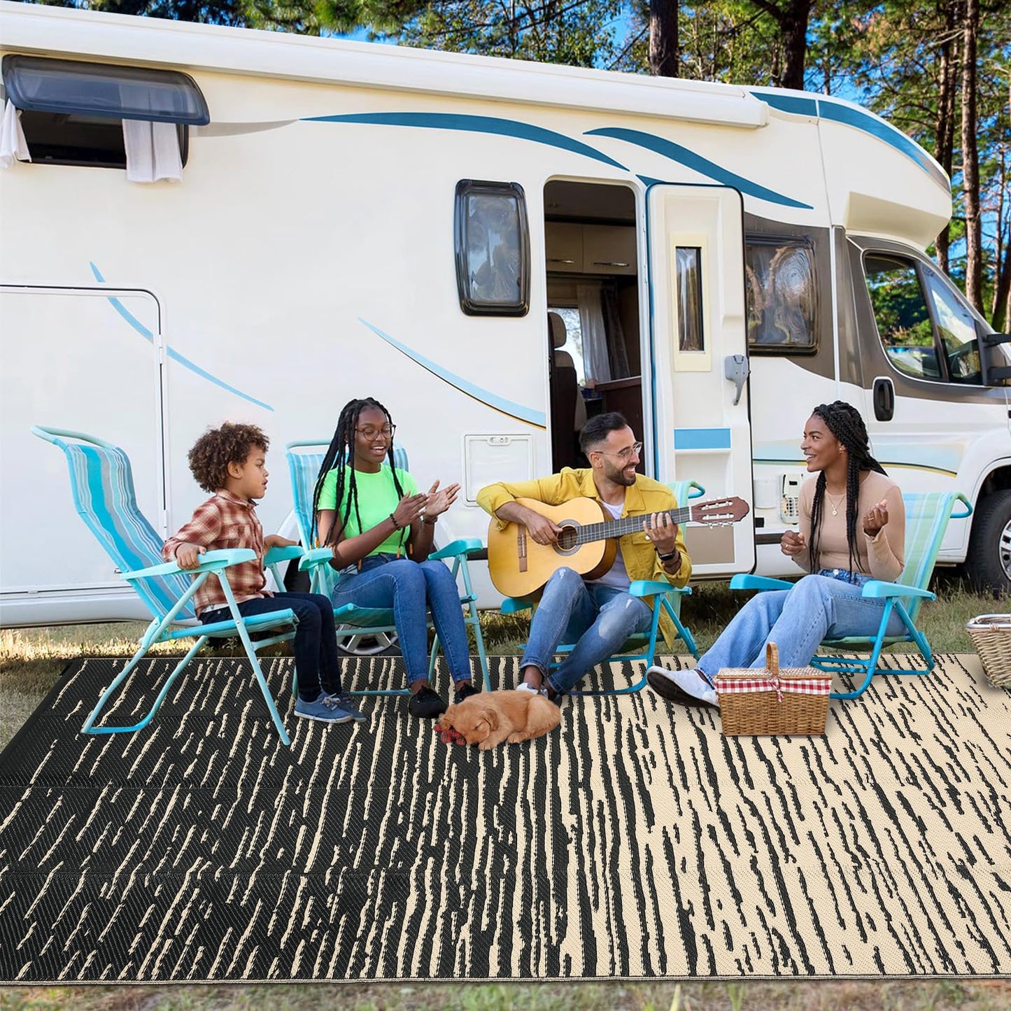 COZYLOOM Striped 6x9 RV Outdoor Rug Waterproof, Modern Outdoor Plastic Straw Rug, Foldable Lightweight Reversible UV Resisatnt Rugs for Picnic Backyard Deck Balcony Porch Beach Camper, Black Coffee