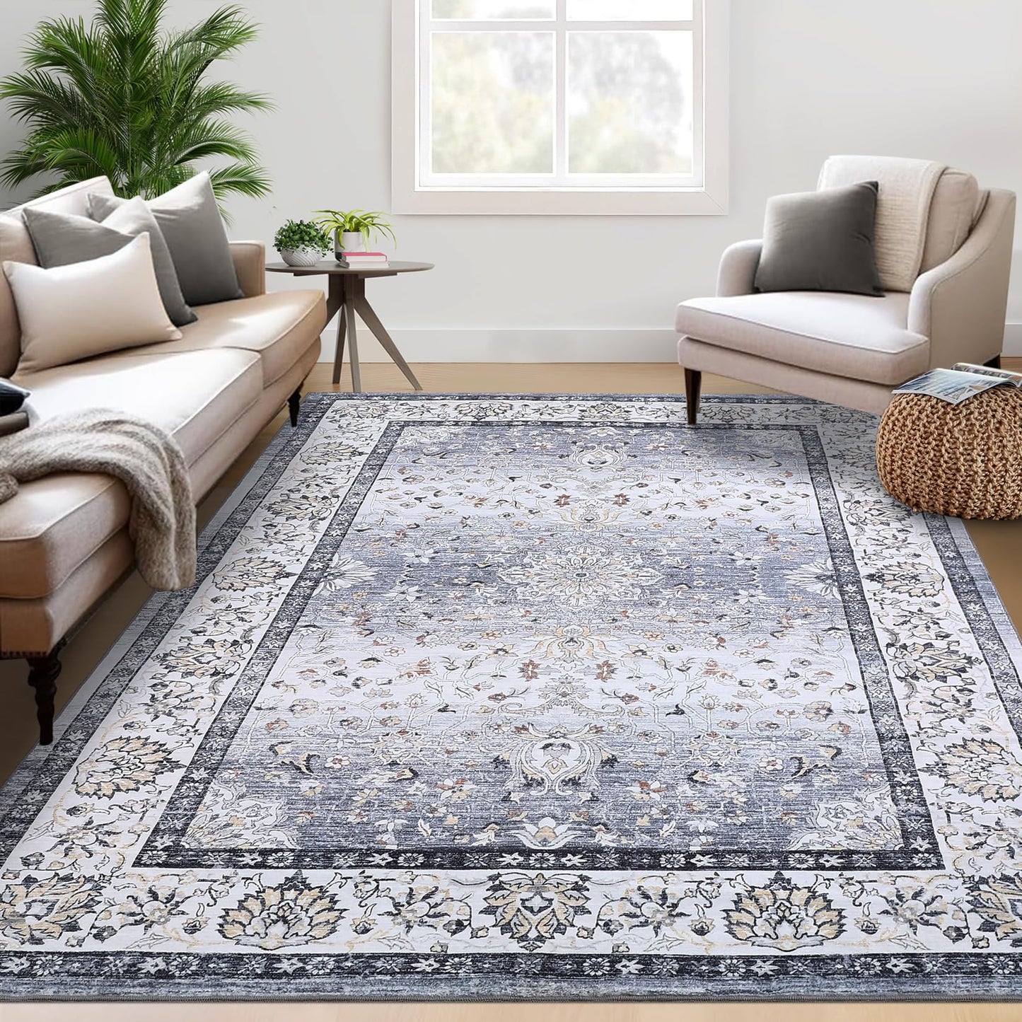 GarveeHome Washable Vintage Boho Floral Gray Rug - 5'x7' Soft Faux Wool Low Pile Stain Resistant Carpet for Living Room, Bedroom, Office, Nursery, Dining Room