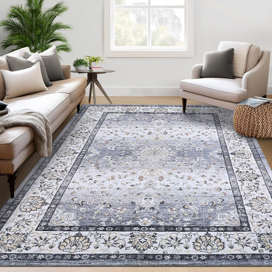 GarveeHome Washable Vintage Boho Floral Gray Rug - 5'x7' Soft Faux Wool Low Pile Stain Resistant Carpet for Living Room, Bedroom, Office, Nursery, Dining Room