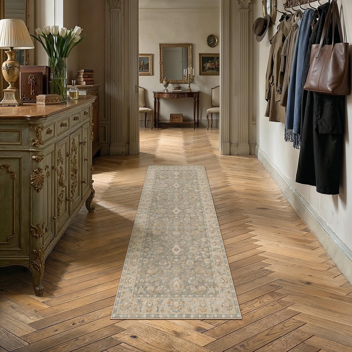 HUGEAR 2x6 Washable Vintage Runner Rug Brown Neutral Distressed Low Pile Non Slip Soft Long Area Carpet Indoor Hallway Throw Rug for Entrance Kitchen Bathroom Laundry Living Room