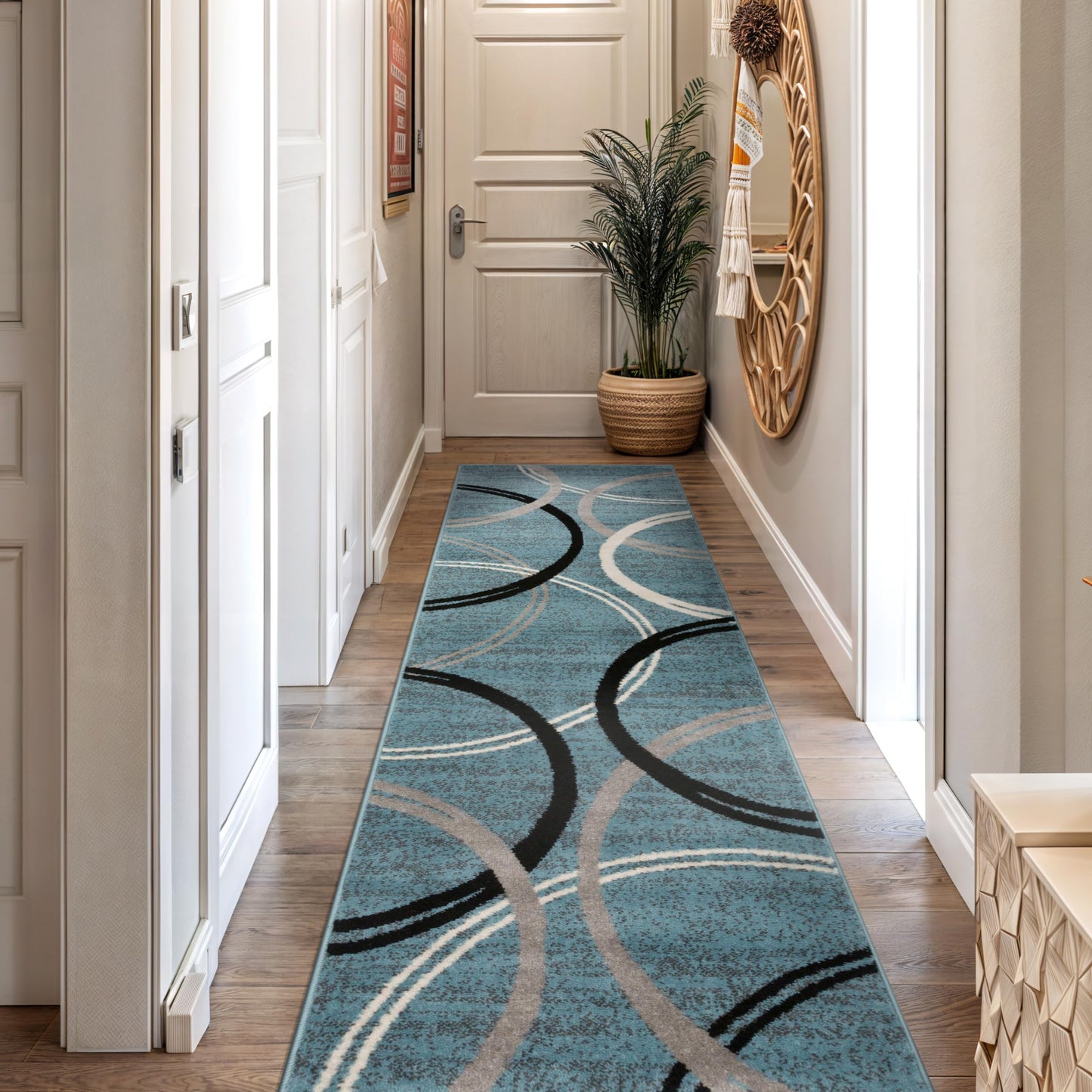 Rugshop Modern Wavy Circles Design Runner Rug, Non-Shedding Carpet for Hallway, Kitchen, or Entryway, Blue, 2' x 7'2"