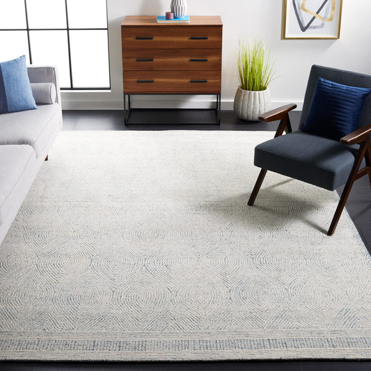 SAFAVIEH Abstract Collection Area Rug - 9' x 12', Ivory & Blue, Handmade Wool, Ideal for High Traffic Areas in Living Room, Bedroom (ABT340M)