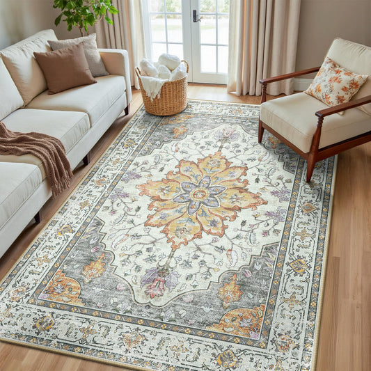 RELEANY Area Rugs 5'x8' Washable Non-Slip, Floral Vintage Distress Medallion Carpet for Living Room Bedroom Dining Room, Beige Carbon Grey Orange