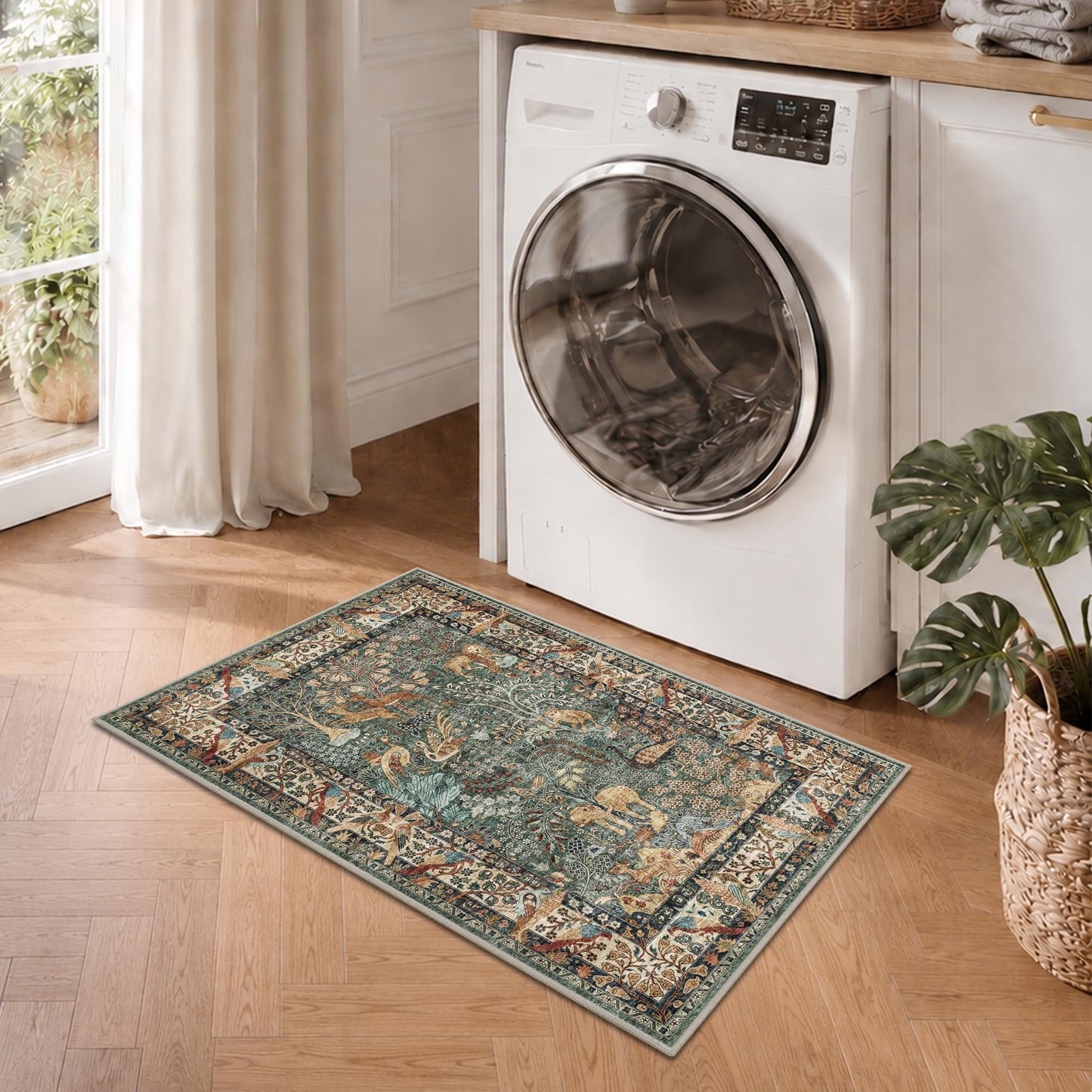 NakedCloud 2x3 Indoor Door Mat, Trees and Animals Print Rug Non-Slip Washable Low Pile Soft Floor Mat for Front Door Entryway Kitchen Bedroom, Green