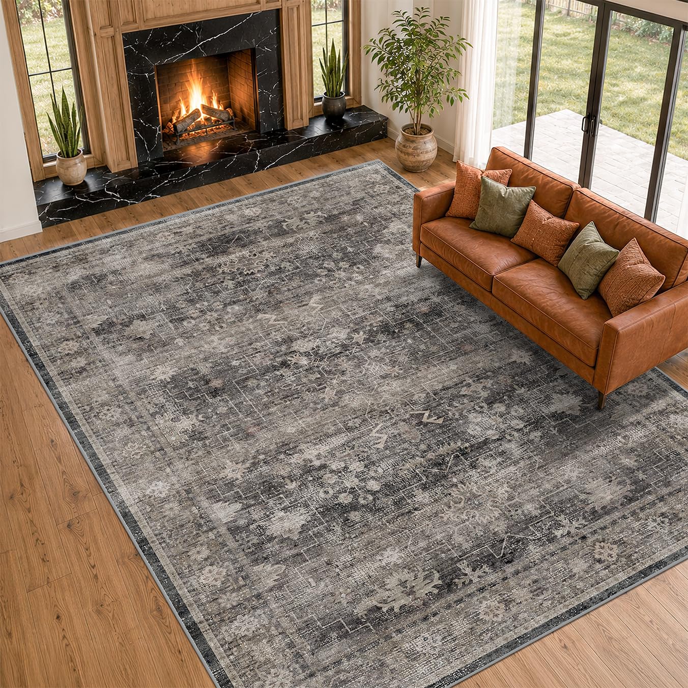 Modern 8x10 Charcoal and Beige Area Rug for Living Room, Washable Farmhouse Boho Rug for Bedroom, Distressed Oriental Geometric Design, Stain Resistant Low Pile Non-Slip Ultra Soft, Moody Décor