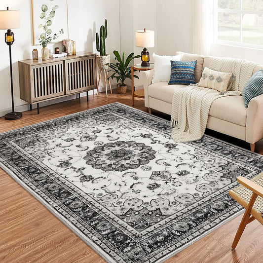Washable Vintage Area Rug - 4x6 Traditional Oriental Medallion Floral Design, Stain Resistant Indoor Print Carpet for Entryway Bedroom Living Room Office Kitchen, Kid & Pet Friendly, Grey