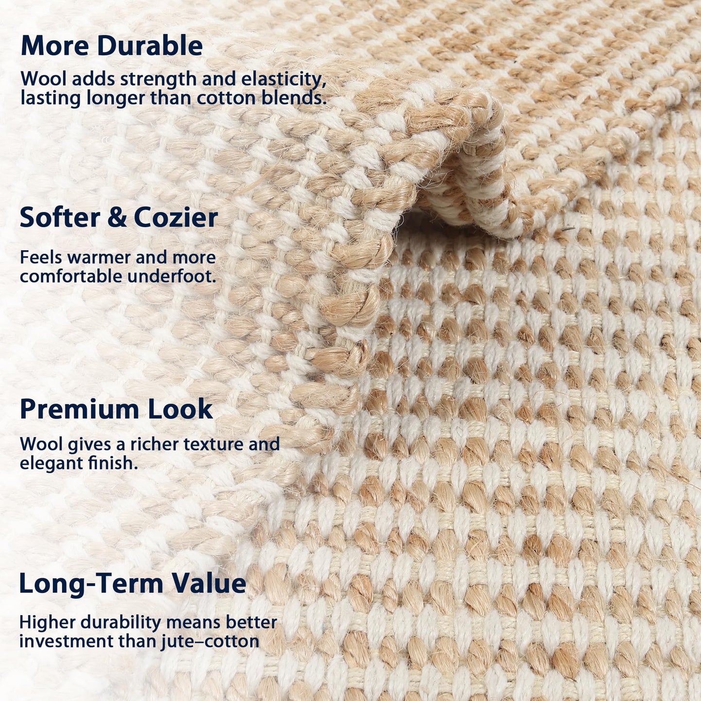 RUSVILLA 6' x 9' Jute & Wool Mini Check Area Rug with 4-Inch Border | Handwoven, Pile - 0.6"| Living Room, Dining & Bedroom Rug, Neutral Indoor Natural Farmhouse Décor (6' x 9')