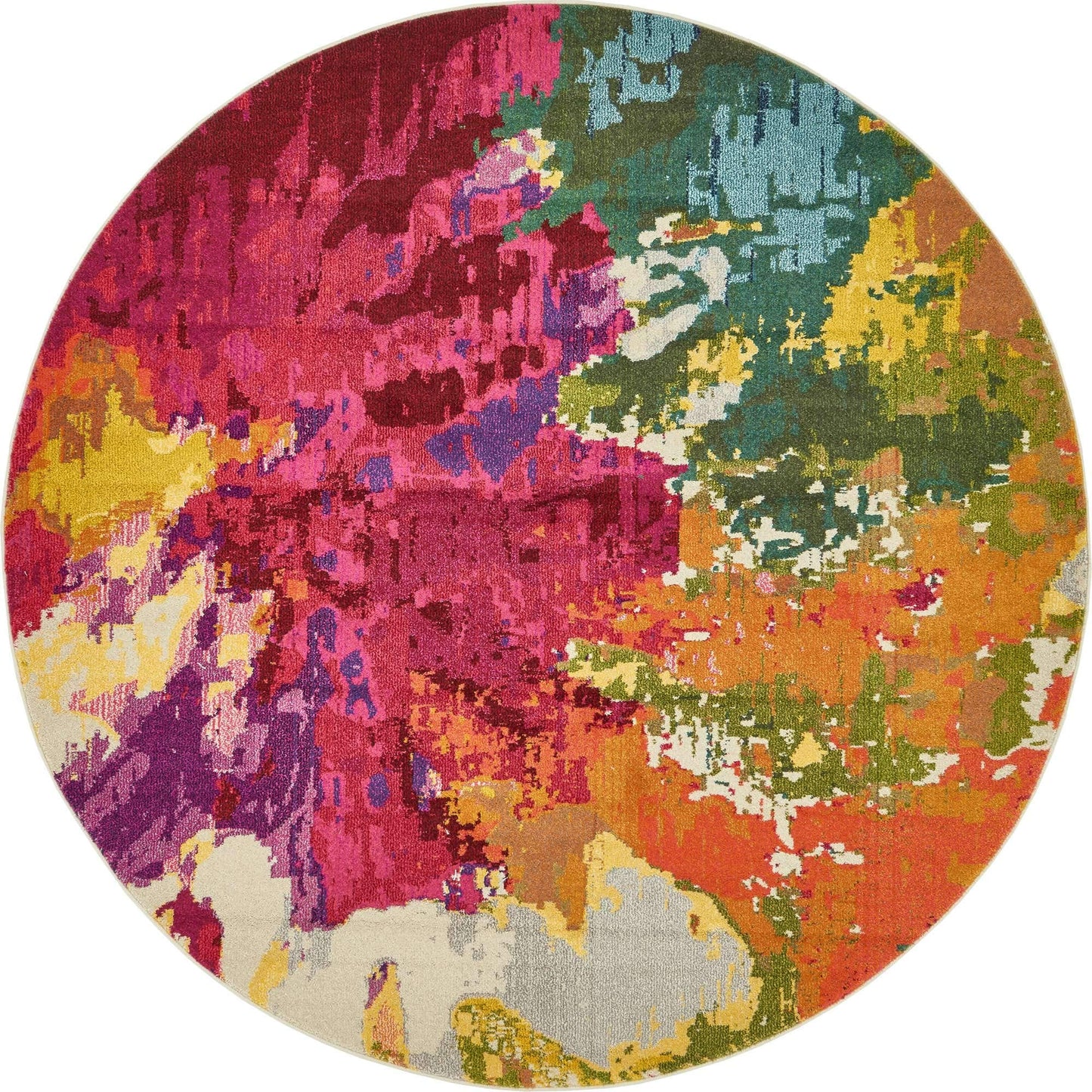 Unique Loom Estrella Collection Colorful, Abstract, Floral, Watercolors, Modern, Distressed Area Rug (6' 0 x 6' 0 Round, Multi/Pink)