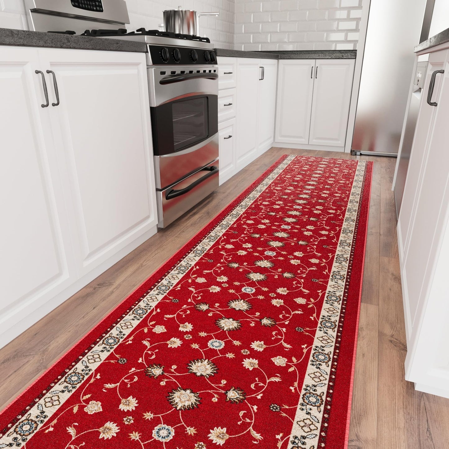Ottomanson Aisle Runner Rug 1'10.5" x 20' – Soft Non-Slip Rug, Low Pile Carpet for Hallways, Events, Churches & Extra-Long Indoor Spaces, Mahal Red