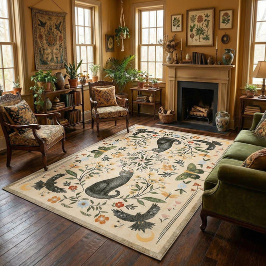 GarveeHome 5x7 Cat Area Rug Beige Washable Rugs for Living Room Bedroom, Soft Mushroom Floral Low Pile Non Slip Floor Mat Animal Print Throw Rug Indoor Carpet for Dorm Playroom Gothic Decor
