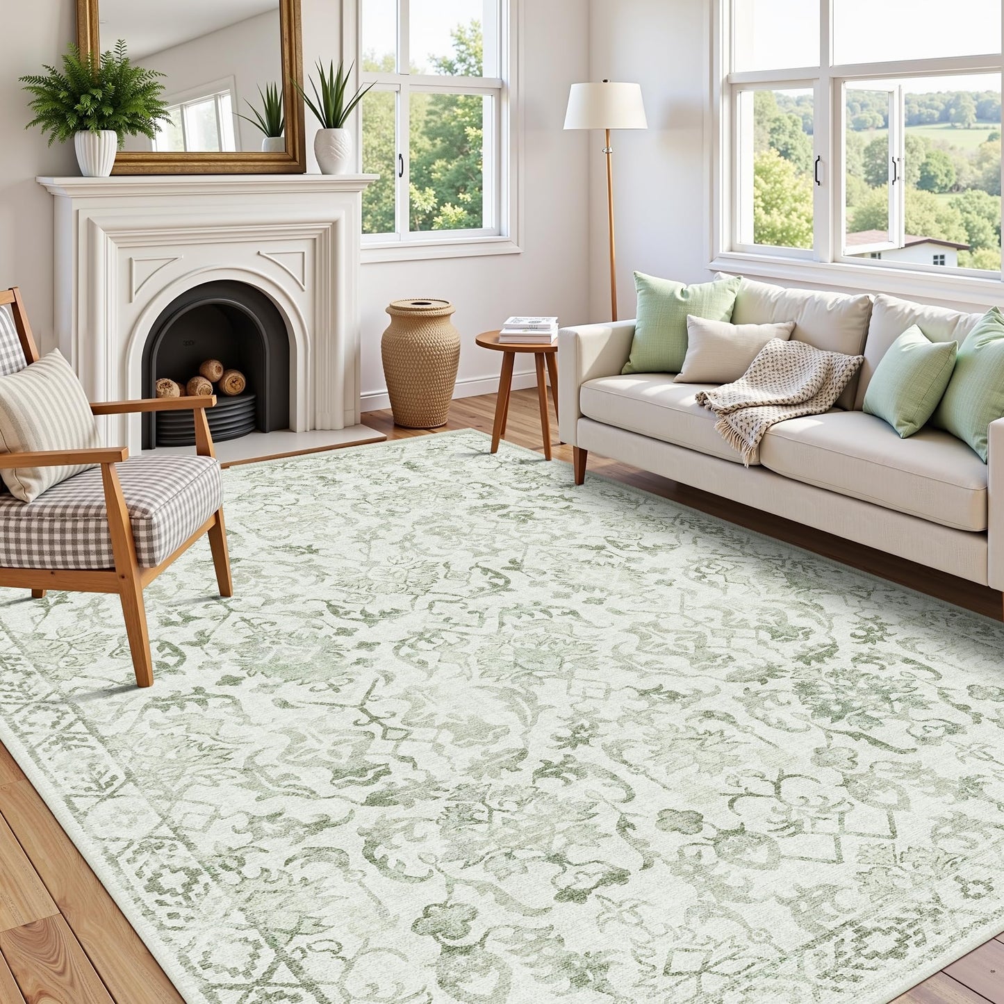 Deerly Sage Rugs 8x10 for Living Room Soft Non-Slip, Large Vintage Area Rug Retro Tribal Farmhouse Stain Resistant Carpet for Bedroom Dining Room Office Guest Room
