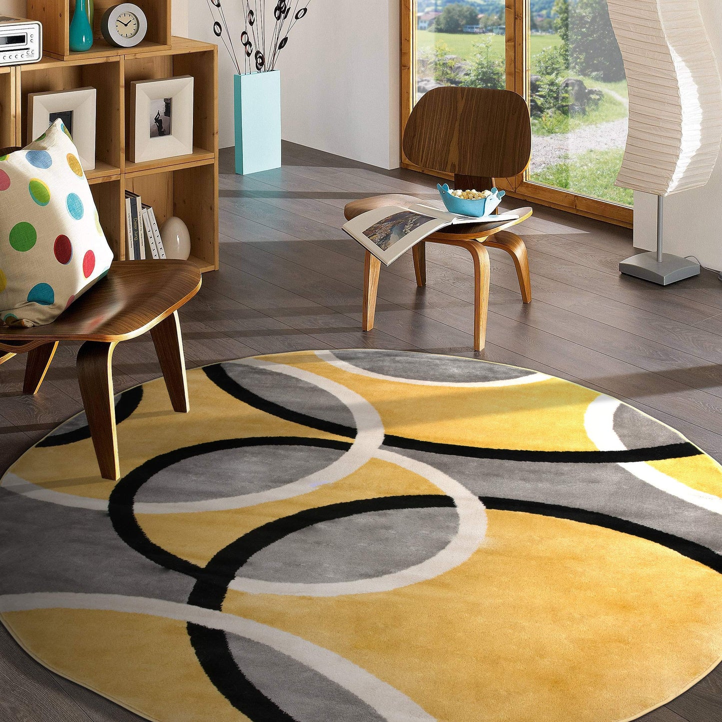 Rugshop Contemporary Abstract Circles Round Rug, Carpet with Jute Backing for Dining Room, Living Room, or Breakfast Nook, Yellow, 6'6" Round